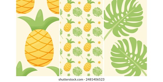 wallpaper Summer. set of poster pineapple, tropical. flat style. vector poster, postcard, wall art, banner background