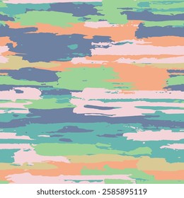 Wallpaper with sunset cloudy sky in blue orange and pink shades. Printed on fabric, seamless cartoon stroke grunge texture of the evening sky. Striped dirty camo print. Vector background