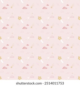 Wallpaper template. Doodle rattle with star, clouds and stars, seamless pattern. Children's texture. flat vector illustration