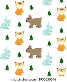 Wallpaper or textiel for children's interior. animals, fox, rabbit, bear, tree