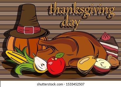 Wallpaper for thanksgiving. Large set. Poster and postcard for thanksgiving. Cake, Turkey, different vegetables, corn, apples, pears, etc. Beautiful image of the holiday. Happy thanksgiving. 