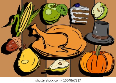 Wallpaper for thanksgiving. Large set. Poster and postcard for thanksgiving. Cake, Turkey, different vegetables, corn, apples, pears, etc. Beautiful image of the holiday. Happy thanksgiving. 