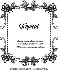 Wallpaper of tropical card, with unique frame, ornate cute flowers. Vector