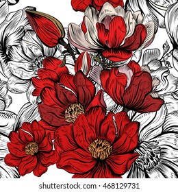 Wallpaper vector pattern with hand drawn magnolia flowers in red color
