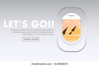 Wallpaper view of inside the plane cabin panel with one window can see the outside landscape view of pyramid in desert with copy space for text "LET'S GO"for website,banner,promotion,advertise