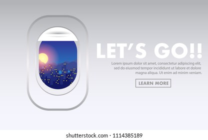 Wallpaper view of inside the plane cabin panel with one window can see the outside landscape view of night city with full-moon with copy space for text "LET'S GO"for website,banner,promotion,advertise