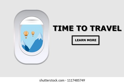 Wallpaper view of inside the plane cabin panel with one window can see the outside landscape view of snow mountain with hot air balloon and copy space for text "Time to Travel"