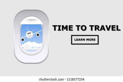 Wallpaper view of inside the plane cabin panel with one window can see the outside landscape view of plane (airplane) flying above cloud level and copy space for text "Time to Travel"