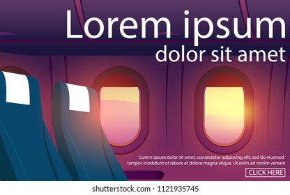 Wallpaper view of inside the plane cabin panel with window can see the outside landscape view of morning sky with mountain for website,banner,promotion,advertise