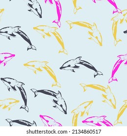 Wallpaper, watercolor fabric, blue wrapping ornamentswatercolor fabric, blue wrapping ornaments. Hand painted watercolor pattern with stylized blue dolphin. 