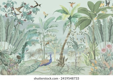 Wallpaper, Watercolor Mural,Wall Painting,Watercolor Background, Peacock, birds.