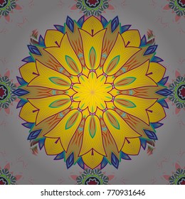 For wallpaper, web page. Summer seamless pattern with stylized flowers. Vector ornate zentangle seamless texture, pattern with abstract floral mandalas on gray, yellow, blue colors.