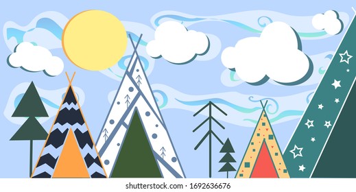 Papel tapiz con wigwam , nubes, sol y árboles. Ilustración vectorial para sala de juegos infantil.