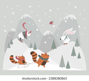 Сhildren's wallpaper: winter in the mountains, panda and rabbit skiing, foxes on a sleigh. Vector illustration.