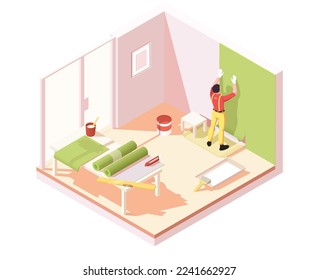 Trabajador de tapices del servicio de interior. Reparador profesional con uniforme rojo amarillo pegando papel pintado verde dentro de la habitación. Proceso de renovación de trabajos de calidad en interiores. Isometric vector ilustración