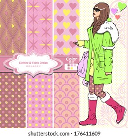 wallpaper, wrapper fabric nice fashion girl design. The Chinese words mean the same as English above them.