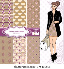 wallpaper, wrapper fabric nice fashion girl design. The Chinese words mean the same as English above them.