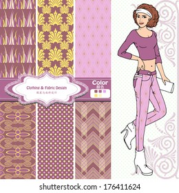 wallpaper, wrapper fabric nice fashion girl design. The Chinese words mean the same as English above them.