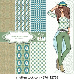 wallpaper, wrapper fabric nice fashion girl design. The Chinese words mean the same as English above them.