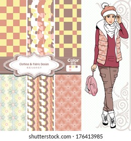 wallpaper, wrapper fabric nice fashion girl design. The Chinese words mean the same as English above them.