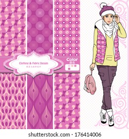wallpaper, wrapper fabric nice fashion girl design. The Chinese words mean the same as English above them.