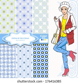 wallpaper, wrapper fabric nice fashion girl design. The Chinese words mean the same as English above them.