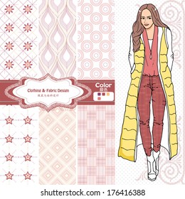 wallpaper, wrapper fabric nice fashion girl design. The Chinese words mean the same as English above them.