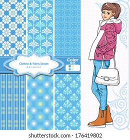 wallpaper, wrapper fabric nice fashion girl design. The Chinese words mean the same as English above them.