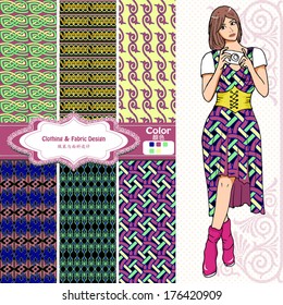 wallpaper, wrapper fabric nice fashion girl design. The Chinese words mean the same as English above them.