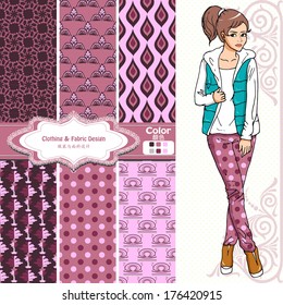 wallpaper, wrapper fabric nice fashion girl design. The Chinese words mean the same as English above them.