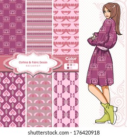 wallpaper, wrapper fabric nice fashion girl design. The Chinese words mean the same as English above them.