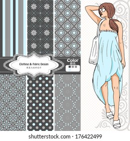 wallpaper, wrapper fabric nice fashion girl design. The Chinese words mean the same as English above them.