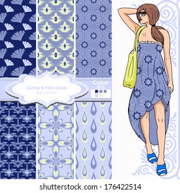 wallpaper, wrapper fabric nice fashion girl design. The Chinese words mean the same as English above them.