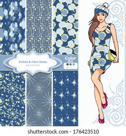 wallpaper, wrapper fabric nice fashion girl design. The Chinese words mean the same as English above them.