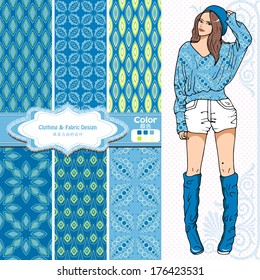 wallpaper, wrapper fabric nice fashion girl design. The Chinese words mean the same as English above them.