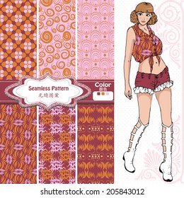 wallpaper, wrapper fabric nice fashion girl design. The Chinese words mean the same as English above them.