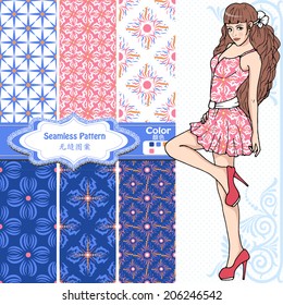 wallpaper, wrapper fabric nice fashion girl design. The Chinese words mean the same as English above them.