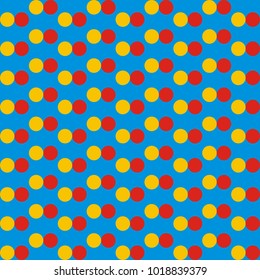 Wallpaper of yellow and red dots, vector illustration. Blue background. Decorative background.
