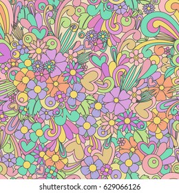 Wallpaper with zentangle flowers and hearts. Floral vector seamless pattern backgrouns. Zen tangle and doodle.