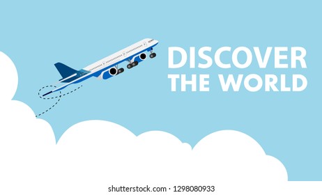 Wallpaper,background of landscape view of the airplane, plane while climbing into the sky above cloud level with text-Discover the World