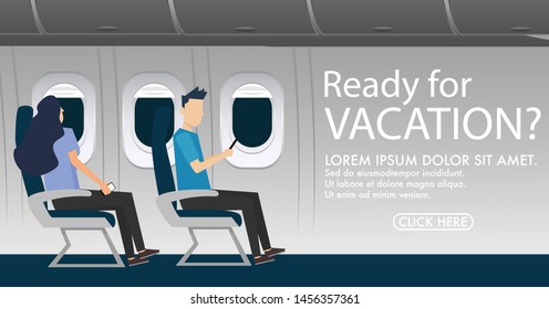 wallpaper-banner of Interior inside airplane cabin with passenger in the airplane in night time with copy space for text - ready for vacation