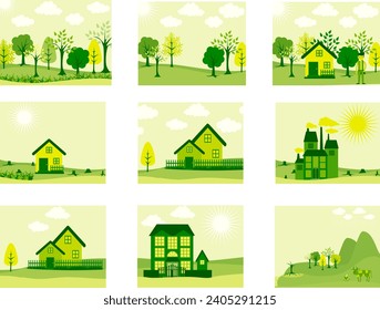 Wallpapers of green concept including tree cutting, house building and development.