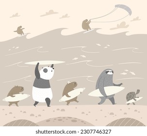 Сhildren's wallpapers: panda, capybaras, sloth and turtle go surfing. Beach summer vector illustration.