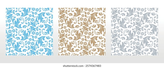 Wallpapers seamless vector backgrounds. Set of colored floral ornaments. Graphic patterns for fabric, wallpaper, packaging. Ornate Damask flower ornaments