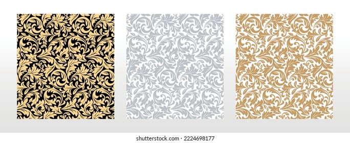 Fondos de pantalla en estilo barroco. Fondos vectoriales sin inconvenientes. Conjunto de adornos florales de colores. Patrones gráficos para tela, papel pintado, empaque. Ornate Damask