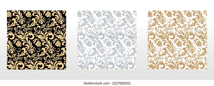 Wallpapers in the style of Baroque. Seamless vector backgrounds. Set of colored floral ornaments. Graphic patterns for fabric, wallpaper, packaging. Ornate Damask flower ornaments