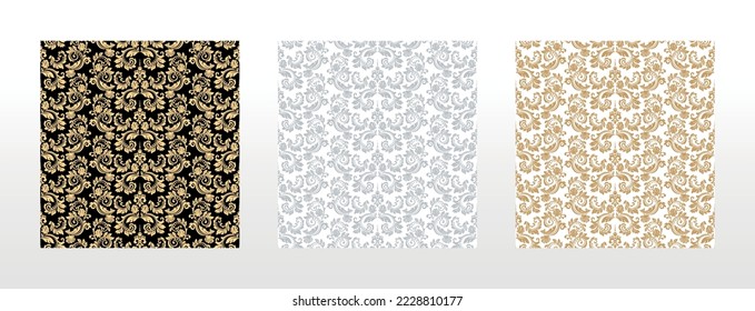 Wallpapers in the style of Baroque. Seamless vector backgrounds. Set of colored floral ornaments. Graphic patterns for fabric, wallpaper, packaging. Ornate Damask flower ornaments