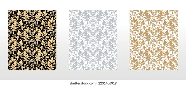 Wallpapers in the style of Baroque. Seamless vector backgrounds. Set of colored floral ornaments. Graphic patterns for fabric, wallpaper, packaging. Ornate Damask flower ornaments