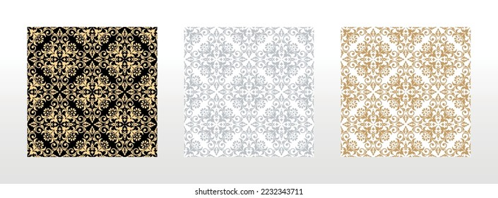 Wallpapers in the style of Baroque. Seamless vector backgrounds. Set of colored floral ornaments. Graphic patterns for fabric, wallpaper, packaging. Ornate Damask flower ornaments