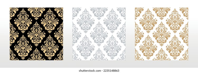 Wallpapers in the style of Baroque. Seamless vector backgrounds. Set of colored floral ornaments. Graphic patterns for fabric, wallpaper, packaging. Ornate Damask flower ornaments